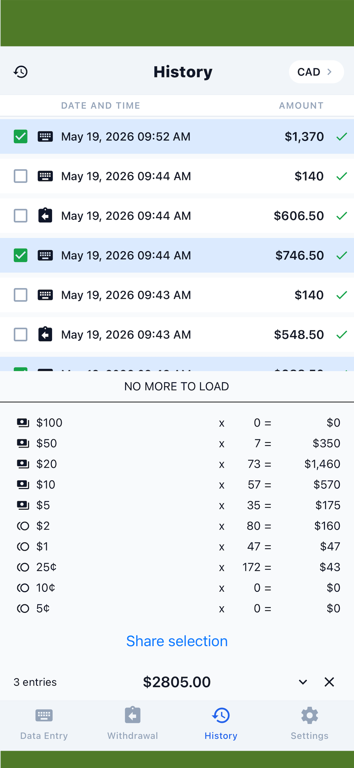 Selecting multiple past counts to see an aggregate summary
